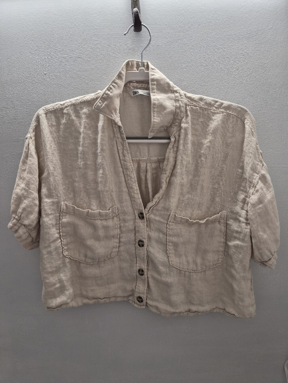 Zara Beige Linen Short-Sleeve Cropped Shirt - Picture 3 of 8